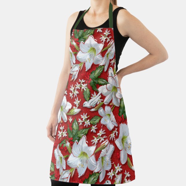 Amaryllis & Holly Red Christmas Apron (Insitu)