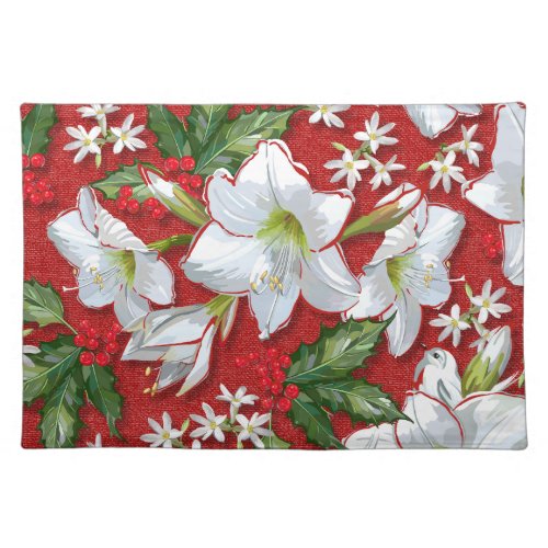 Amaryllis  Holly Red Christmas Cloth Placemat