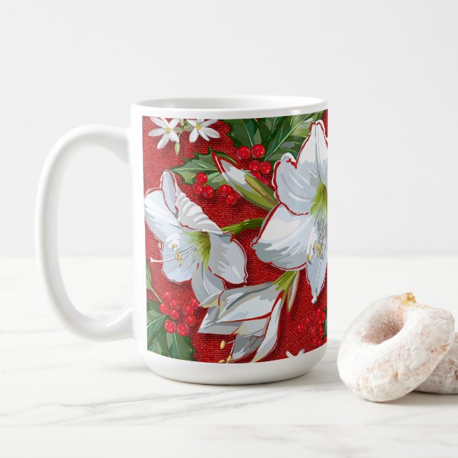 Amaryllis & Holly Red Christmas Coffee Mug (With Donut)