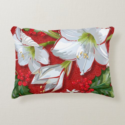 Amaryllis  Holly Red Christmas Lumbar Accent Pillow