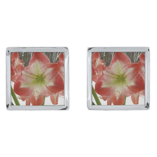 Amaryllis in Snow Red Holiday Winter Floral Cufflinks (Front)
