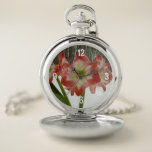 Amaryllis in Snow Red Holiday Winter Floral Pocket Watch