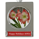 Amaryllis in Snow Red Holiday Winter Floral Silver Plated Banner Ornament