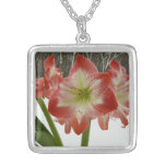Amaryllis in Snow Red Holiday Winter Floral Silver Plated Necklace