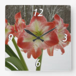 Amaryllis in Snow Red Holiday Winter Floral Square Wall Clock