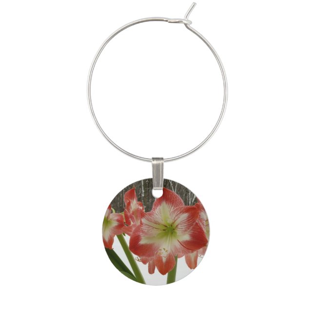 Amaryllis in Snow Red Holiday Winter Floral Wine Glass Charm (Front)