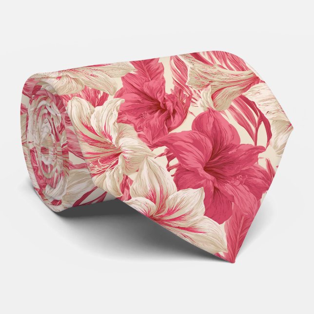 Amaryllis Pattern Bride Father Beach Wedding Neck Tie (Rolled)