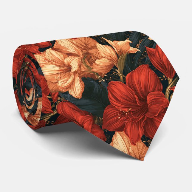 Amaryllis Pattern Father Groom Fall Wedding Neck Tie (Rolled)