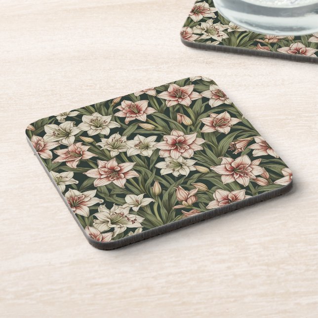 Amaryllis vintage flowers pattern beverage coaster (Left Side)