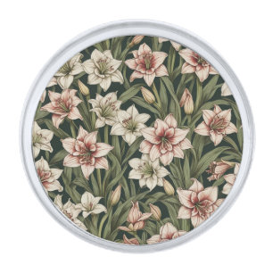 Amaryllis vintage flowers pattern silver finish lapel pin