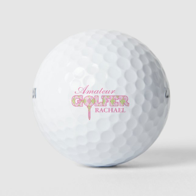 Amateur golfer pink plaid personalized golf balls (Front)