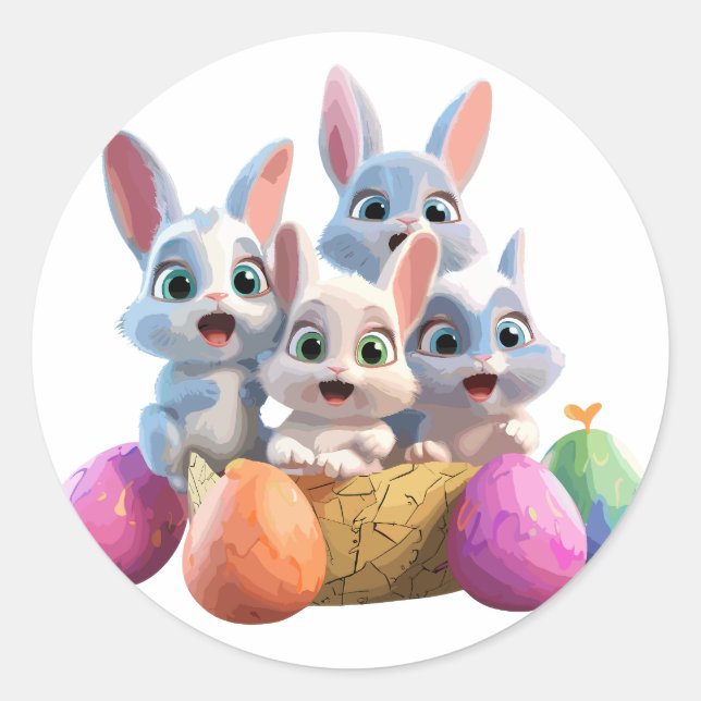 Amazed Bunnies Amongst Easter Eggs Classic Round Sticker (Front)
