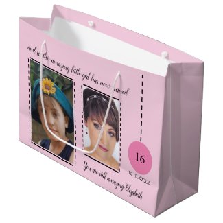 Amazing 16th Birthday name date pink photos Large Gift Bag