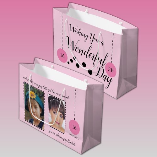 Amazing 16th Birthday name date pink photos Large Gift Bag