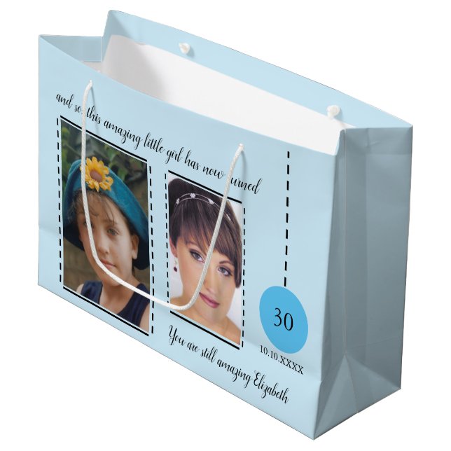 Amazing 30th Birthday name date blue black Large Gift Bag (Front Angled)