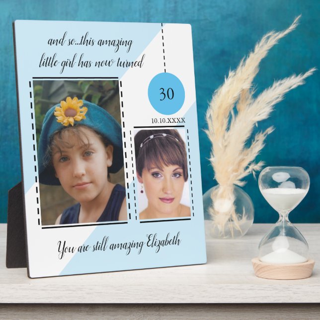 Amazing 30th Birthday name date blue photos Plaque (Side)
