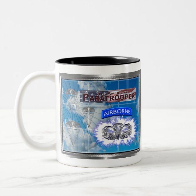 Amazing American Paratrooper and Flag Two-Tone Coffee Mug (Left)