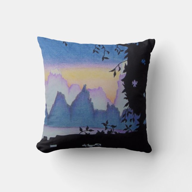 amazing and unique blue mountain sunset landscape throw pillow (Front)