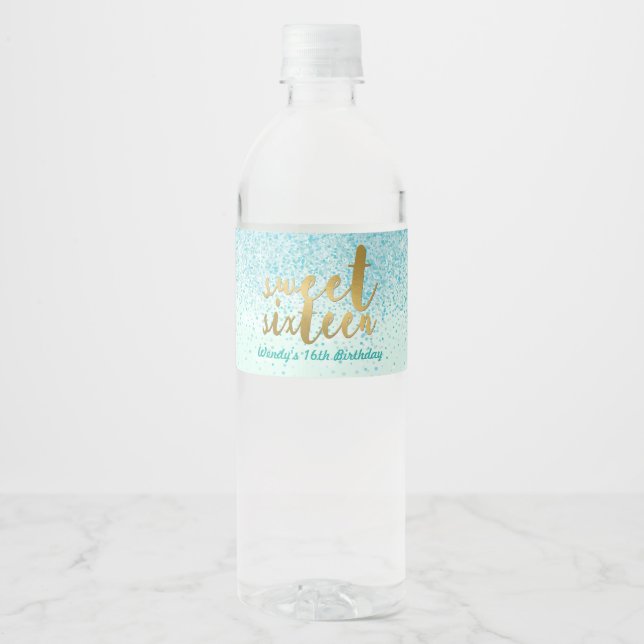 Amazing Aqua Glitter, Sweet 16 Water Bottle Label (Front)