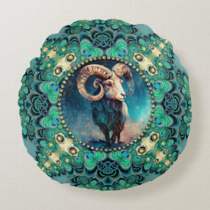 Amazing Aries Zodiac Green Blue Fractal Lace Round Pillow