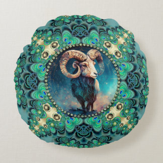 Amazing Aries Zodiac Green Blue Fractal Lace Round Pillow