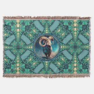 Amazing Aries Zodiac Green Blue Fractal Lace Throw Blanket