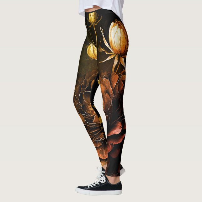 Amazing Arrangement Rust Accent Vintage Flowers Leggings (Left)