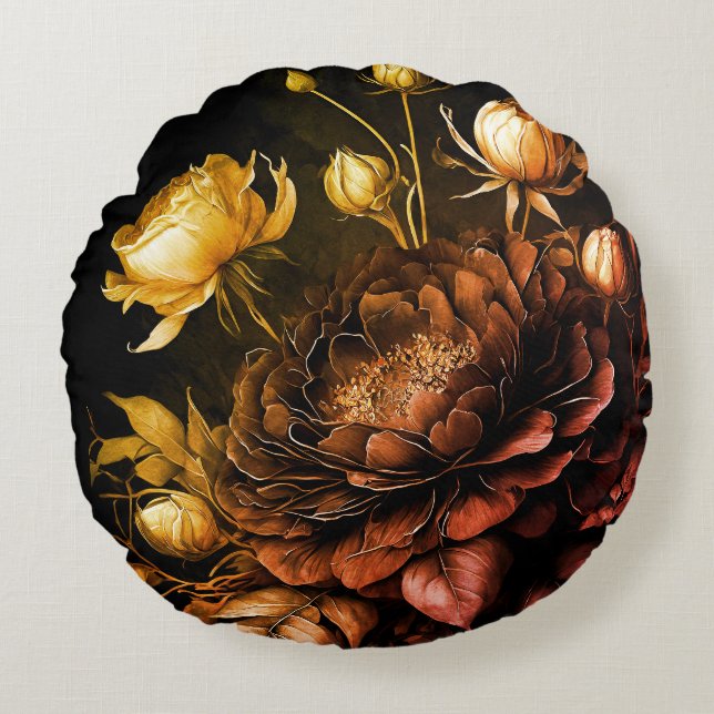 Amazing Arrangement Rust Accent Vintage Flowers Round Pillow (Front)