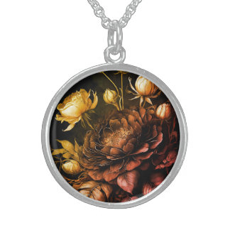 Amazing Arrangement Rust Accent Vintage Flowers Sterling Silver Necklace