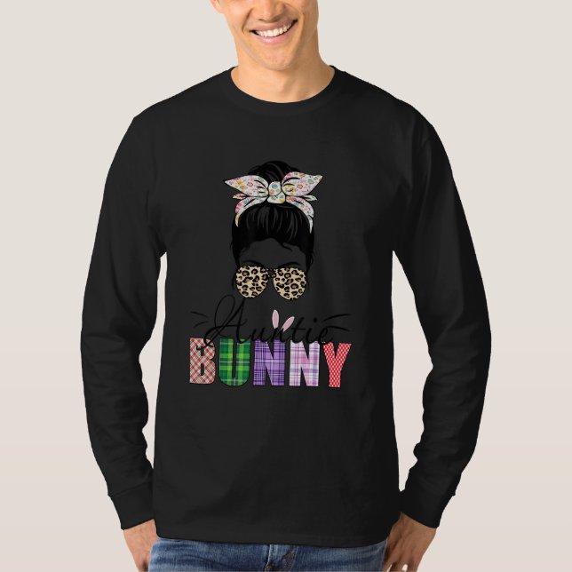 Amazing Auntie Bunny Messy Bun Leopard Happy Easte T-Shirt (Front)