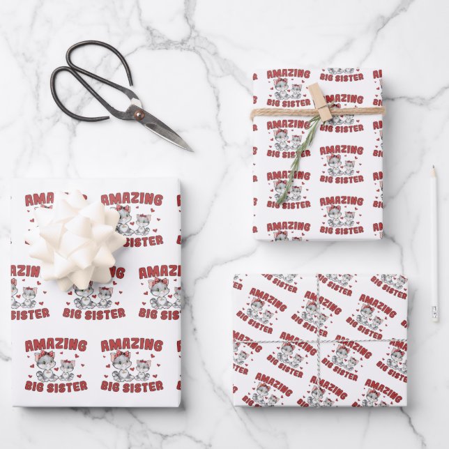 Amazing Big Sister - Kitty Cats Red Hearts Wrapping Paper Sheets (Front)