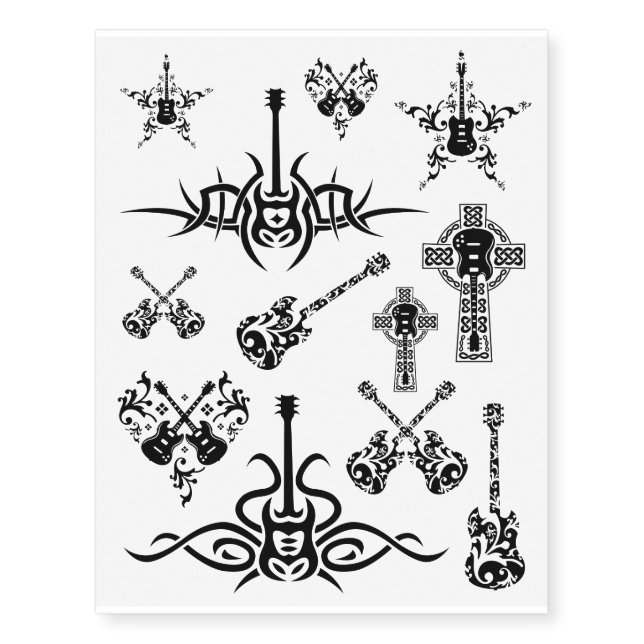 Amazing Black Ink Guitar Temporary Tattoos (Front)