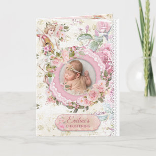 Amazing boho blush roses angels photo baptism  invitation