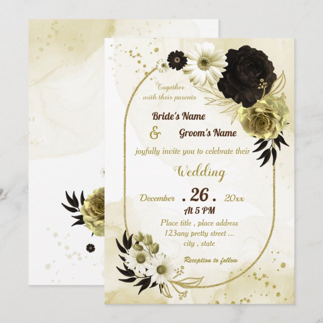 Amazing brown ivory gold floral geometric wedding invitation (Front/Back)