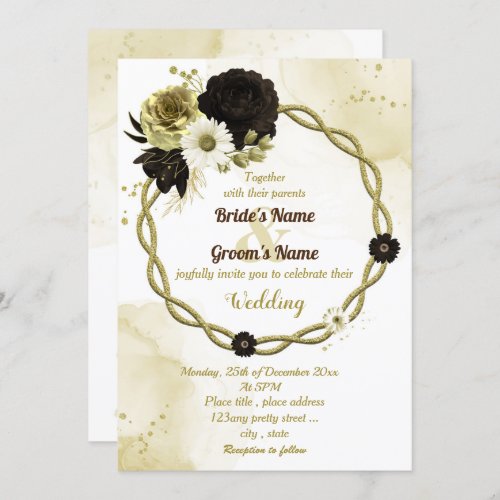 Amazing brown ivory gold floral wreath wedding invitation