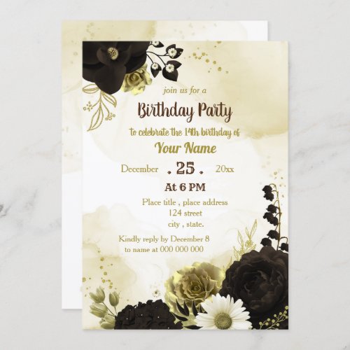 Amazing brown ivory gold flowers birthday party invitation