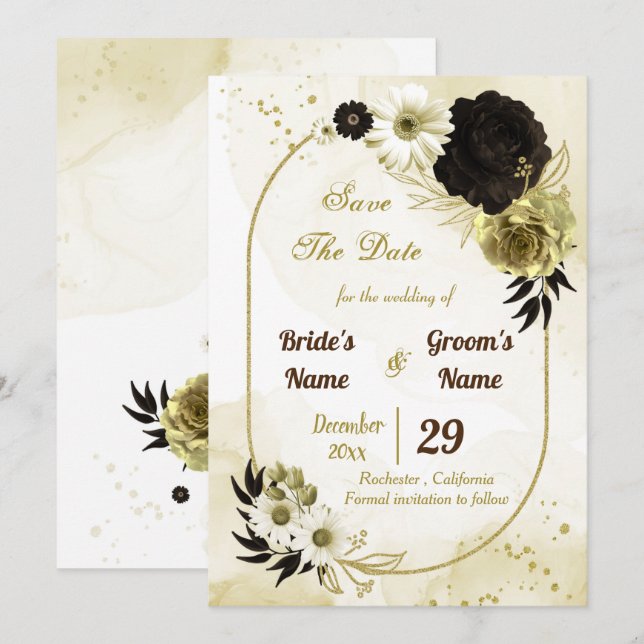 Amazing brown ivory gold flowers geometric save the date (Front/Back)