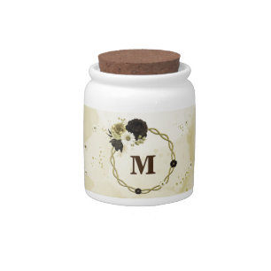 Amazing brown ivory gold flowers monogram candy jar