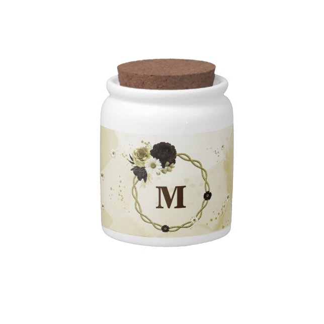 Amazing brown ivory gold flowers monogram candy jar (Front)