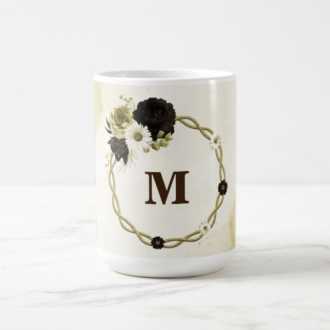 Amazing brown ivory gold flowers monogram coffee mug (Center)