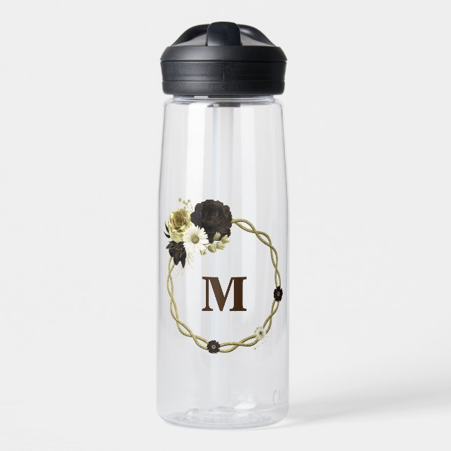 Amazing brown ivory gold flowers monogram water bottle (Front)