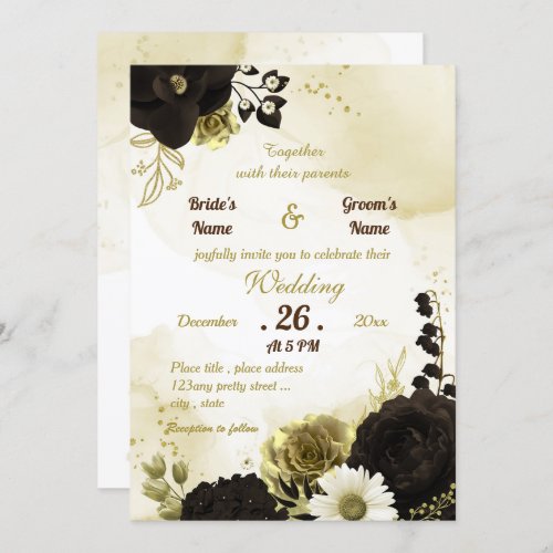 Amazing brown ivory gold flowers wedding invitation