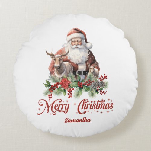 Amazing classic red and green Santa with reindeer Round Pillow