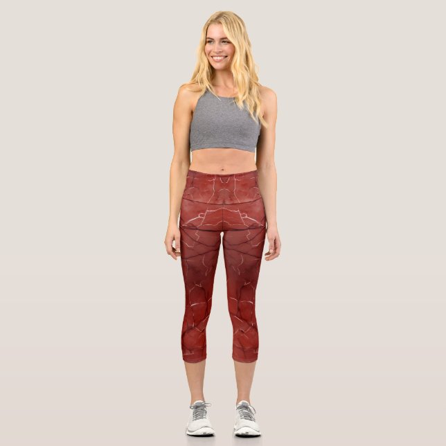 Amazing Color Print  Red Marble Capri Leggings (Front)
