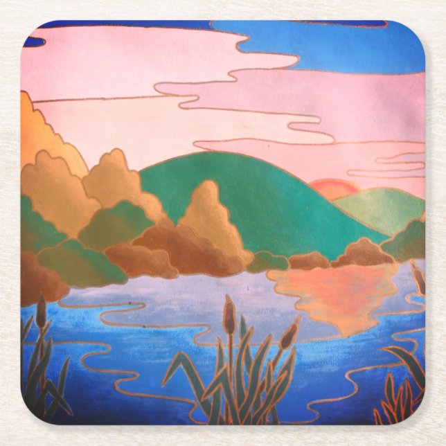 amazing colorful contempory abstract landscape  square paper coaster (Front)
