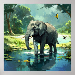 Amazing Elephant in River with Birds Painting Poster