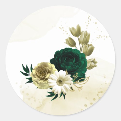 Amazing emerald green ivory gold flowers classic round sticker