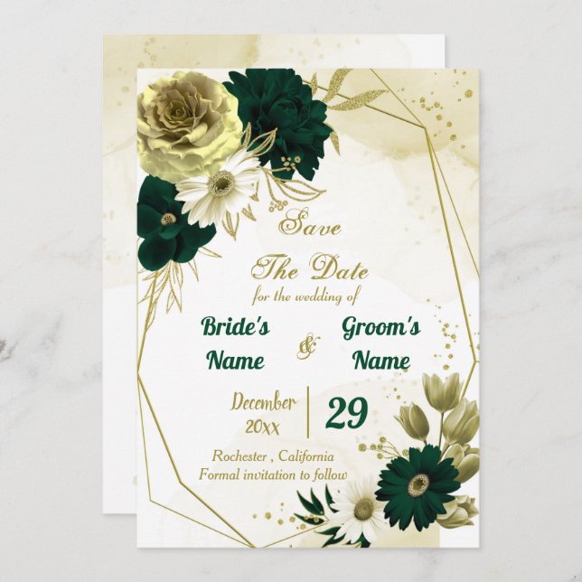 Amazing emerald green ivory gold flowers geometric save the date (Front/Back)