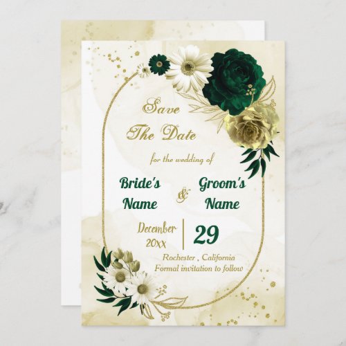 Amazing emerald green ivory gold flowers geometric save the date