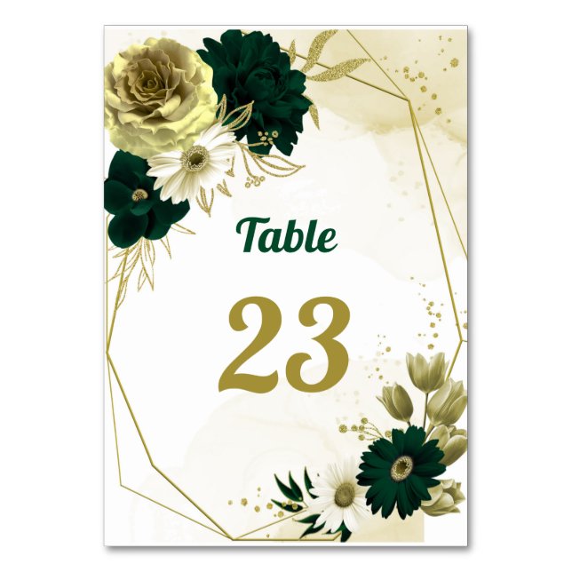 Amazing emerald green ivory gold flowers geometric table number (Front)
